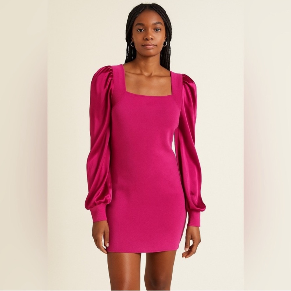 Cato Fuschsia Pink Sweater Dress, Back Tie and Textured Satin Sleeves Size Small